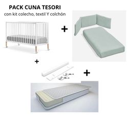 Cuna Tesori de Cotinfant con Kit Colecho + Colchón y Textil (Colcha y protector de barandilla)