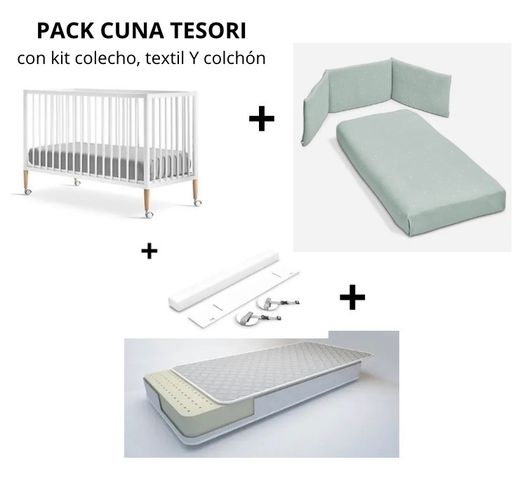 Cuna Tesori de Cotinfant con Kit Colecho + Colchón y Textil (Colcha y protector de barandilla)