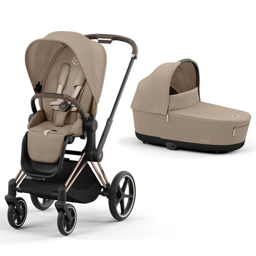 Cybex Priam 2025 EXPOSICIÓN TIENDA chasis Rose Gold con capazo y silla Cozy Beige