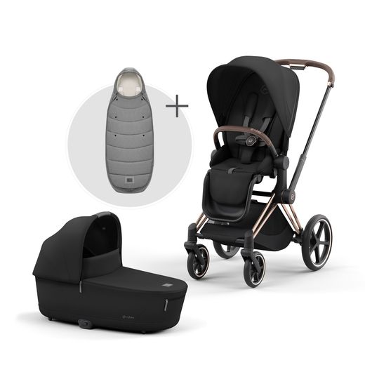 Cybex Priam Chasis Rose Gold (Capazo + Silla Deep Black) con saco cubrepiés Platinum de regalo