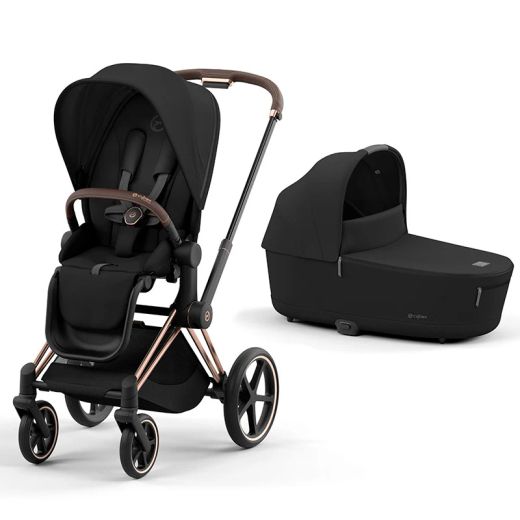 Dúo Cybex Priam Chasis Rosegold (Capazo + Silla Deep Black)