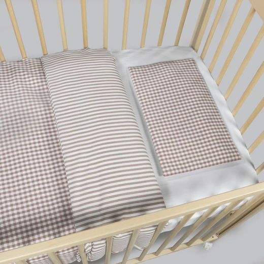 Edredón + bajera + almohada cuna 120x60 cm Praliné Vichy/Rayas Moka TOG 2,5