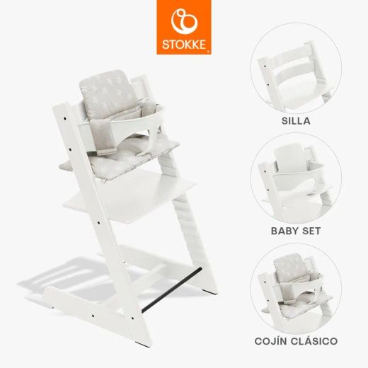 Tripp Trapp Blanca + Cojín estrellas + babyset blanco de Stokke