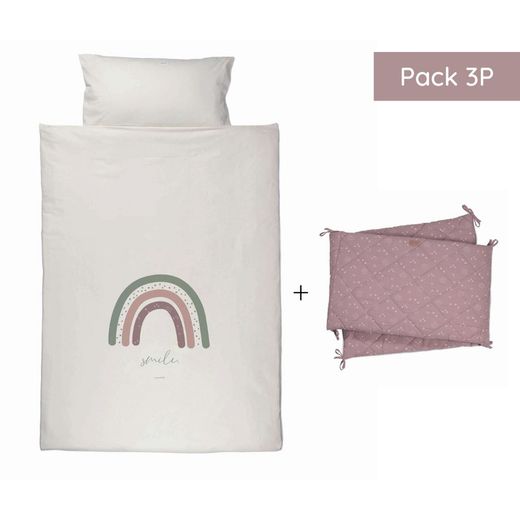 PACK ESSENTIAL 3 PIEZAS TEXTIL CUNA BONJOURBEBE RAINBOW 120x60: Funda Nórdica + Relleno nórdico + Protector baranda