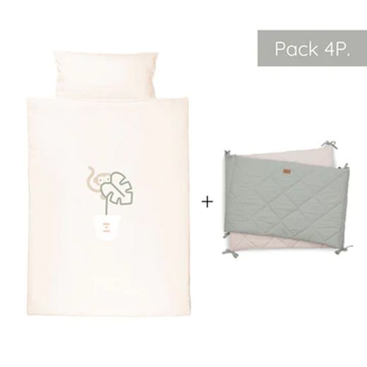 PACK ESSENTIAL 3 PIEZAS TEXTIL CUNA BONJOURBEBE MONSTERA MONKEY 120X60 : Funda Nórdica + Relleno nórdico + Protector baranda