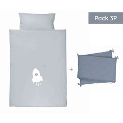 PACK ESSENTIAL TEXTIL CUNA BONJOURBEBE ROCKET 140x70: Funda Nórdica + Relleno nórdico + Protector baranda