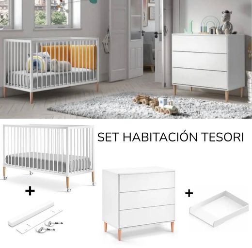 Set habitación Tesori de Cotinfant incluye cuna con kit colecho y cómoda con soporte de cambiador